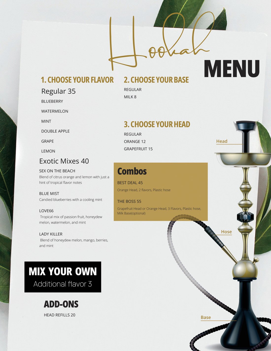 Hookah bar menu at 7 Spices restaurant in Hallandale Beach, FL showing premium shisha flavors and pricing